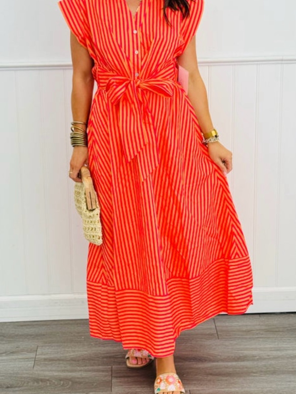 entro Red & Orange Striped Tie-Front Midi Dress - Picture 2 of 11